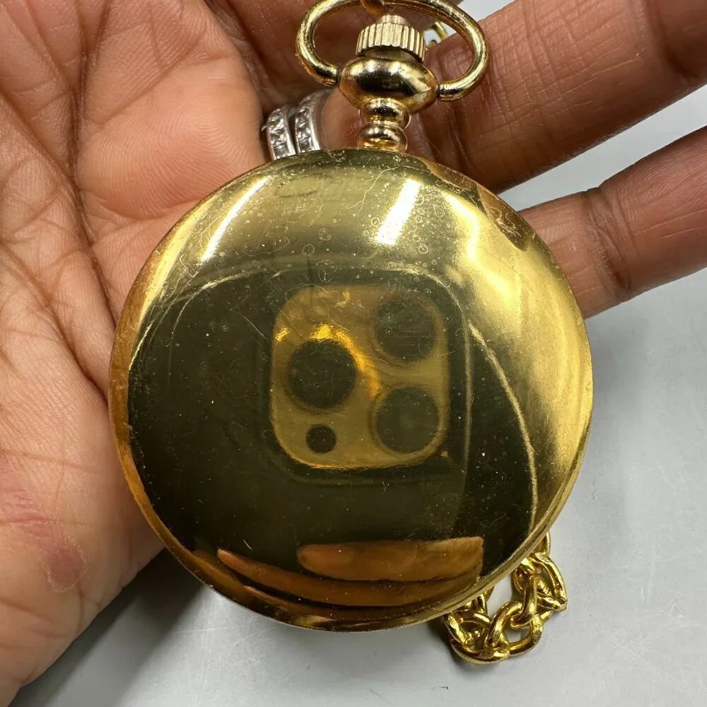 3/$30 Wildlife Eagle Moose Pocket Watch Gold Tone Front Case Chain 46mm